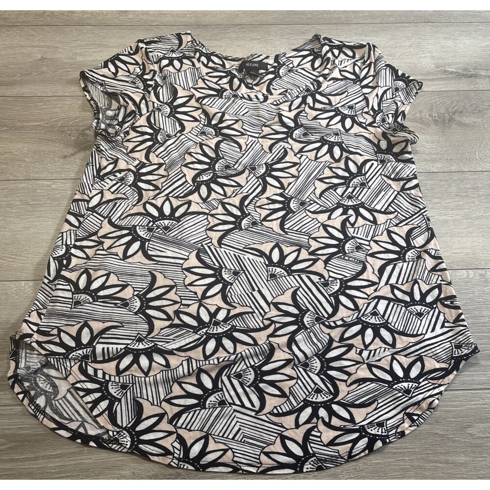 Alfani Ladies Pink Black White Print Rayon Blend Short Sleeve Top Size XXL